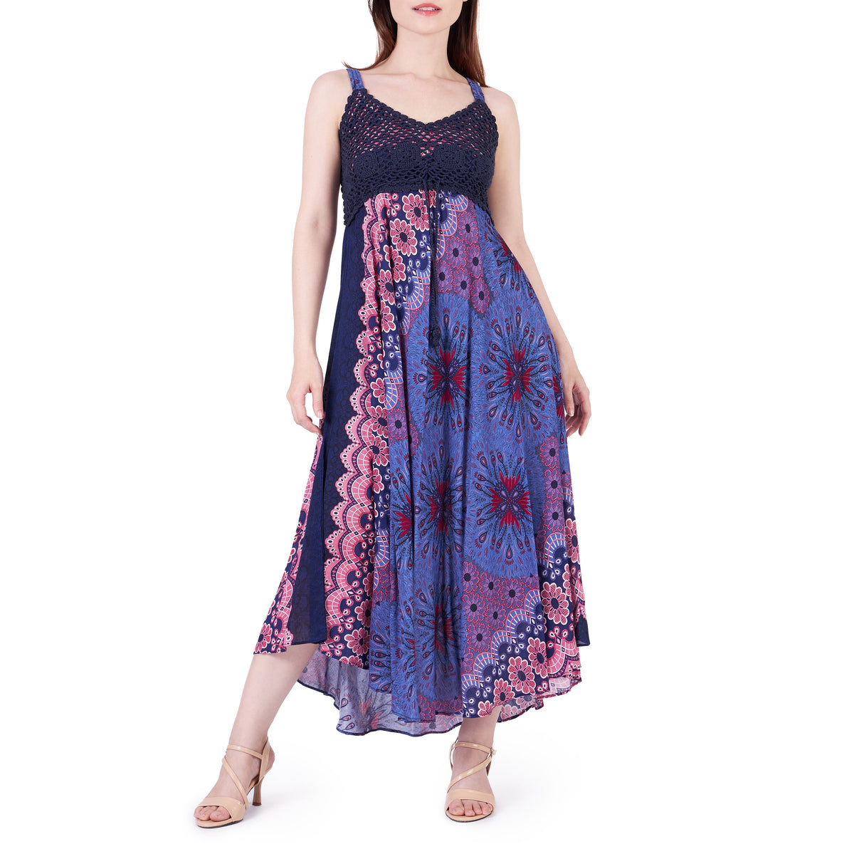 Boho rayon sundress with crochet top and adjustable straps dark blue