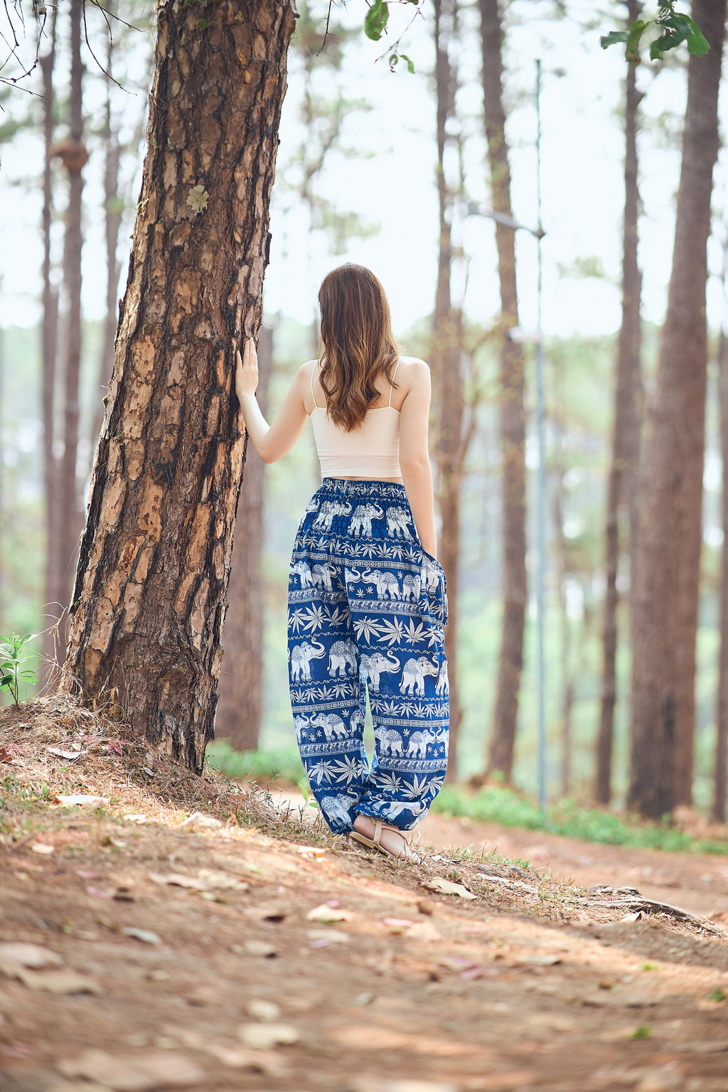 Handmade blue printed boho yoga trousers with adjustable waist and pockets