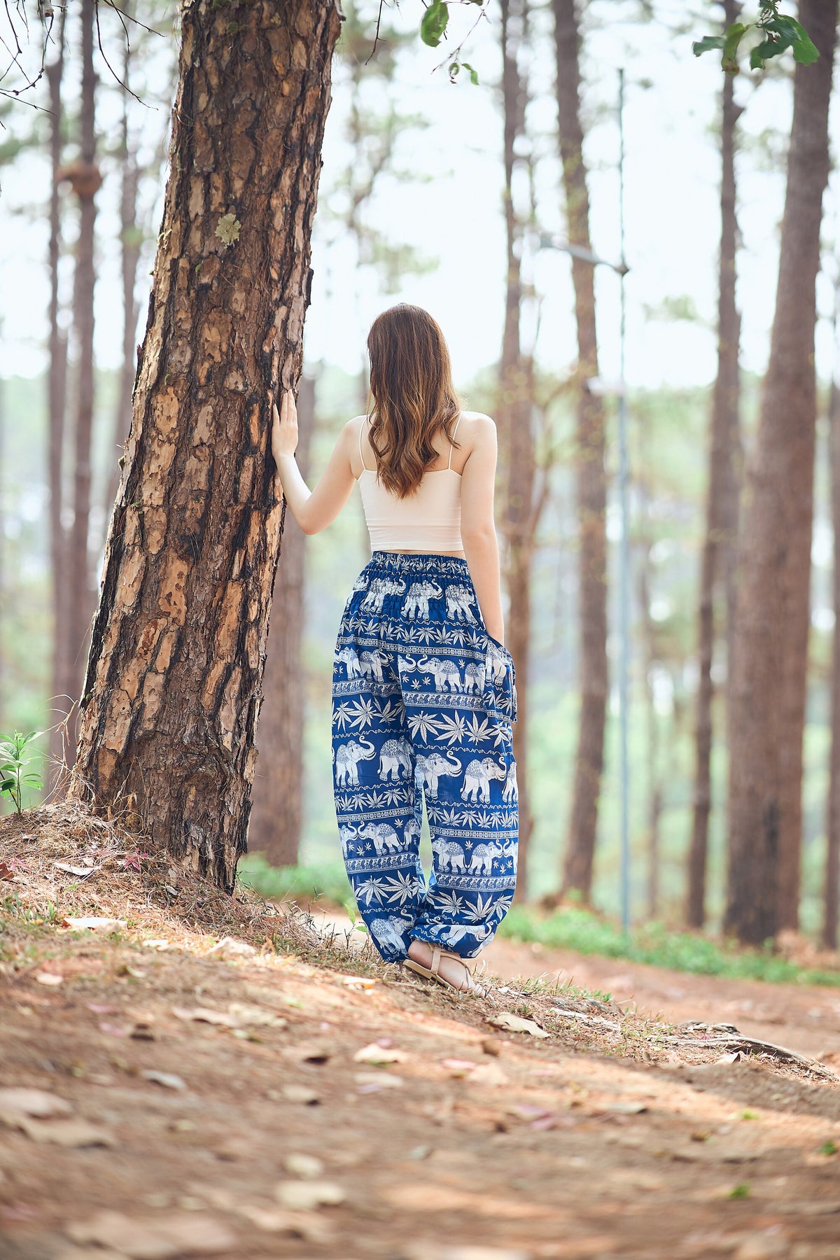 Handmade blue printed boho yoga trousers with adjustable waist and pockets