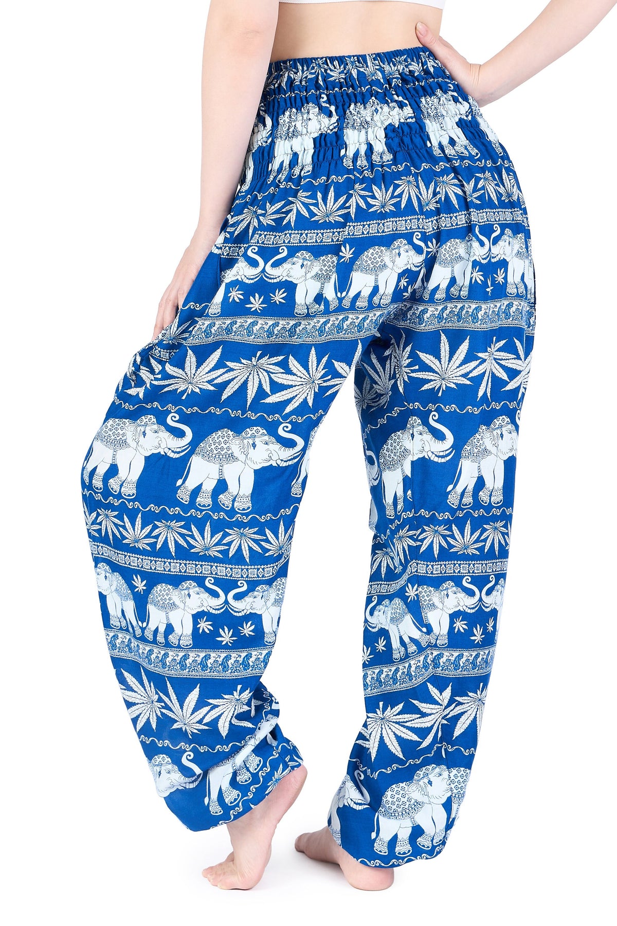 Comfy blue elephant harem yoga pants with pockets for travel and relaxation