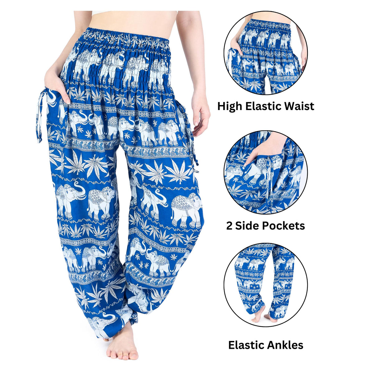 Blue printed elephant harem pants for yoga, festivals, and indoor outdoor wear