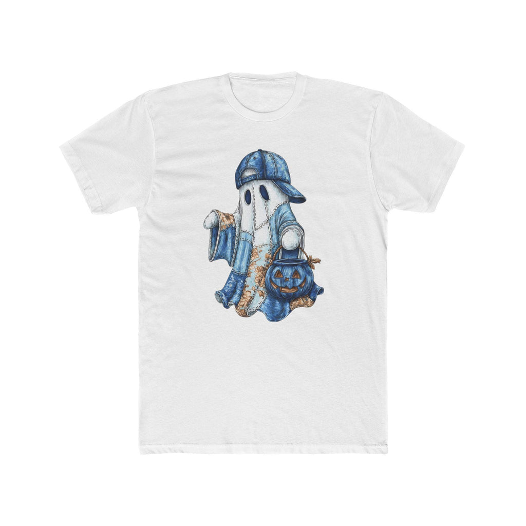 Blue Ghost Trick-or-Treat Tee with front ghost graphic and back pumpkin print