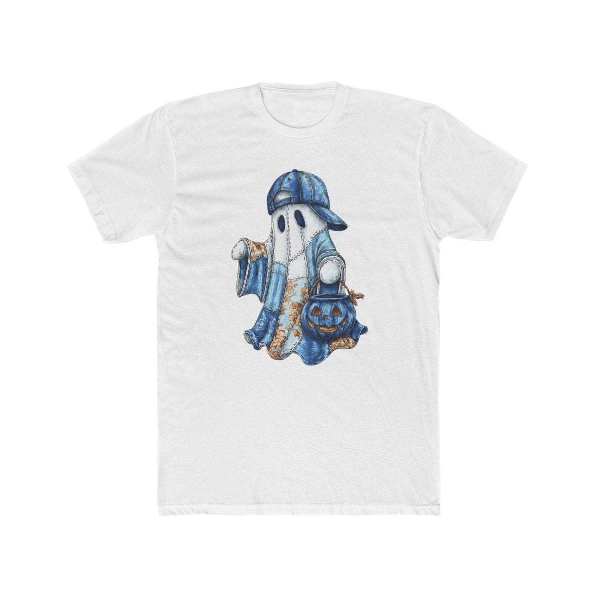 Blue Ghost Trick-or-Treat Tee with front ghost graphic and back pumpkin print