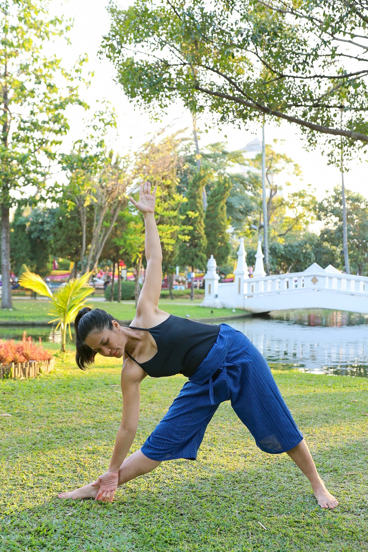 Handmade blue cotton harem trousers with one side pocket and loose fit