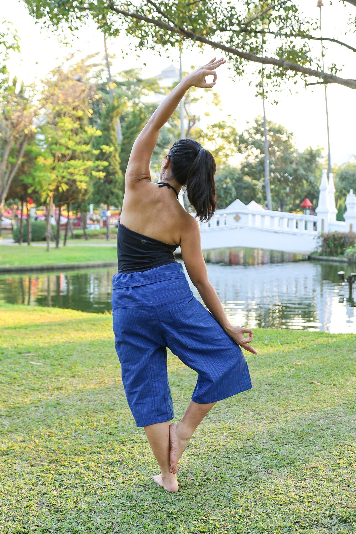 Flowy blue boho wrap pants for yoga, travel, and meditation