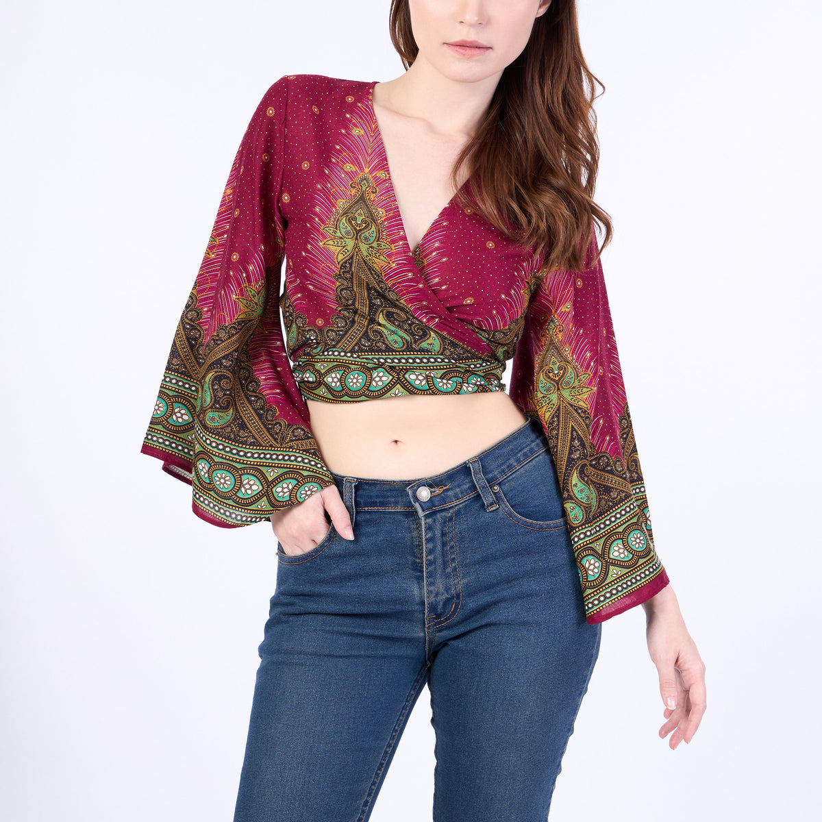 Women's bohemian wrap top styled with jeans and denim shorts