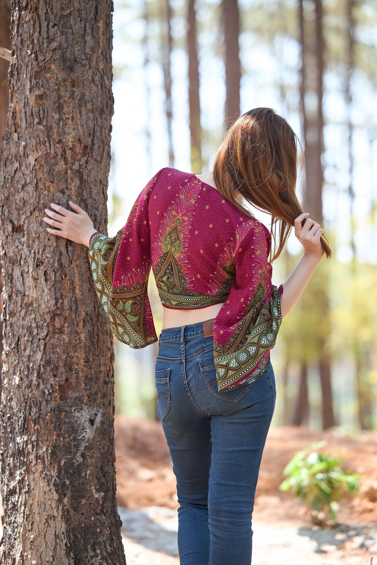 Burgundy boho top with front and back tie options