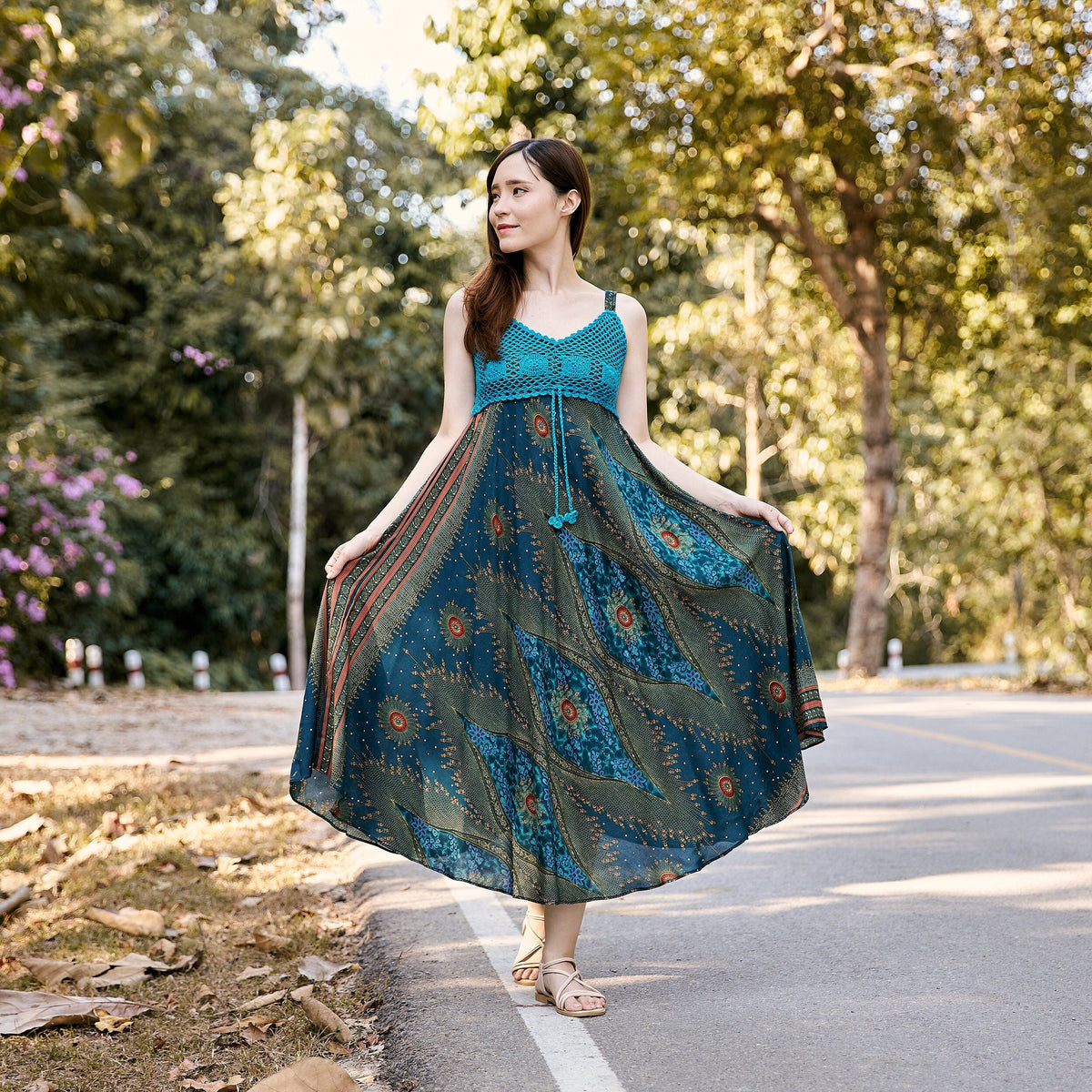 Teal boho crochet top sundress for women with adjustable straps
