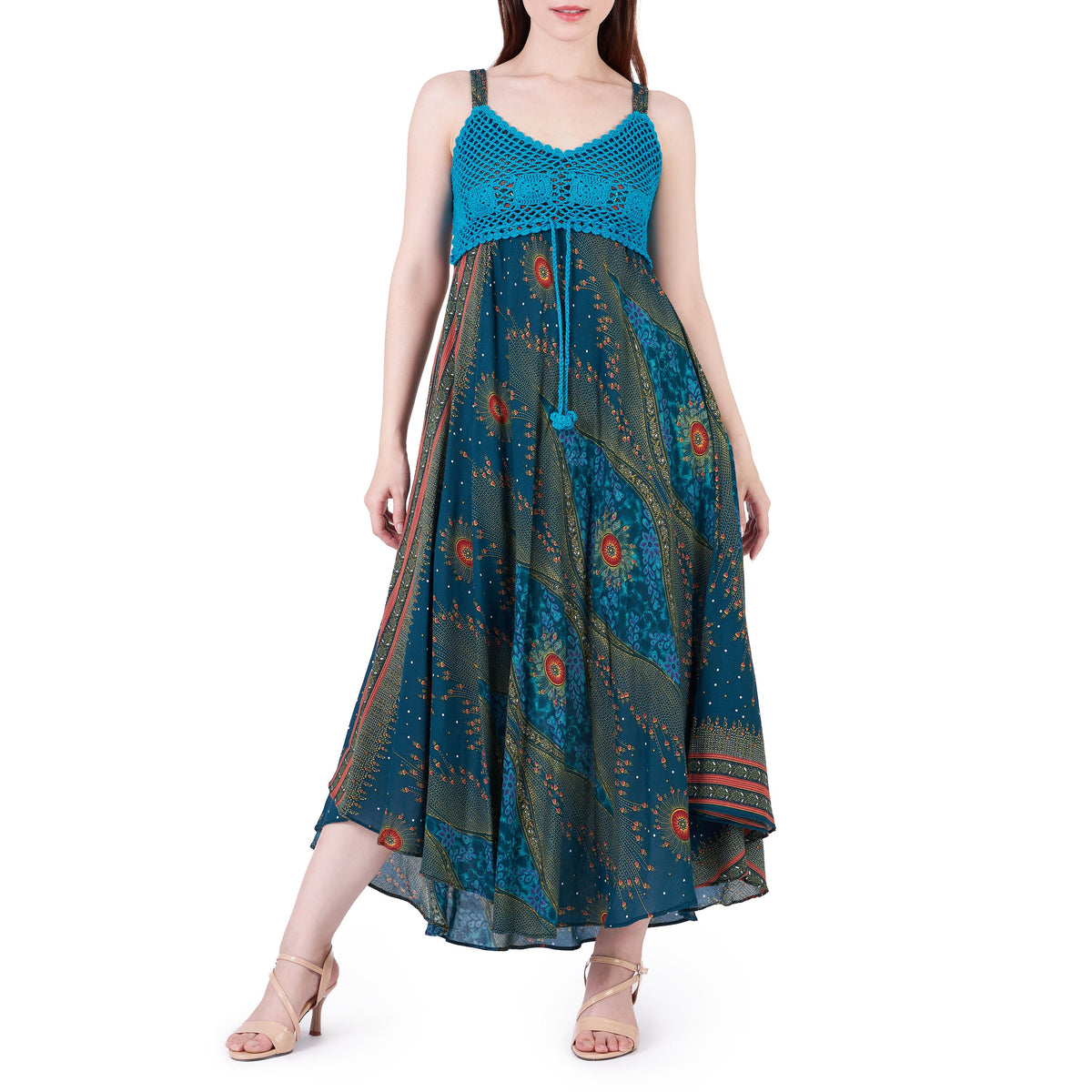 Handmade rayon summer dress in printed teal for beach and festivals