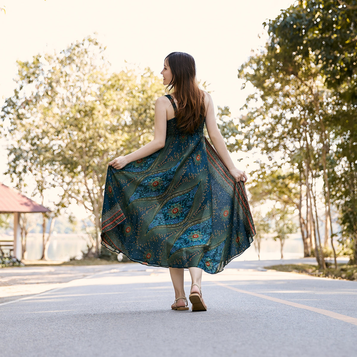 Women's bohemian dress with crochet top and smocked elastic chest