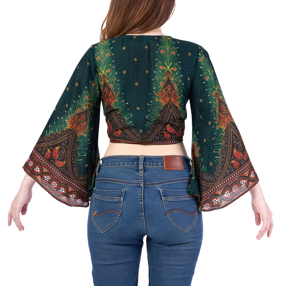 Green druid top with bell sleeves, perfect for festivals