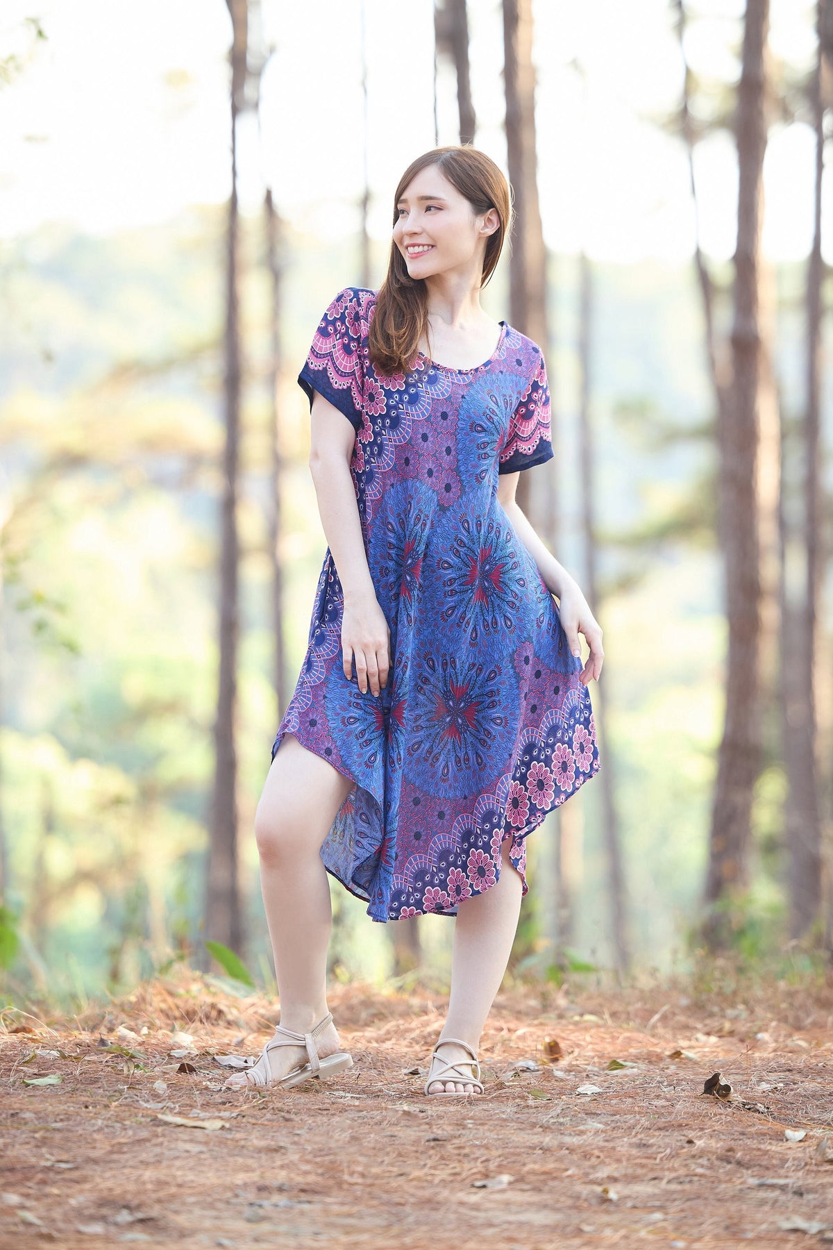Handmade boho floral rayon sundress with pockets and short sleeves