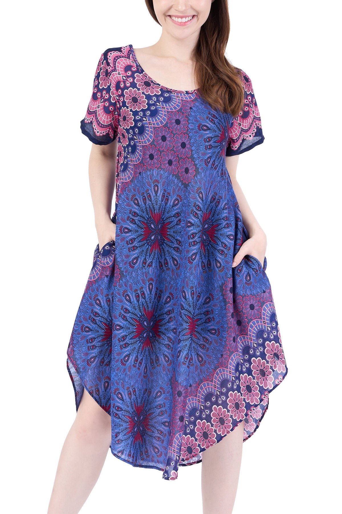 Dark blue mandala print lightweight summer dress for women