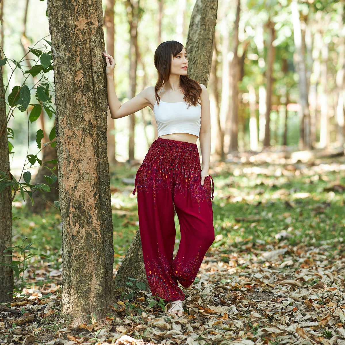 Burgundy harem pants for women with bohemian print and elastic waistband