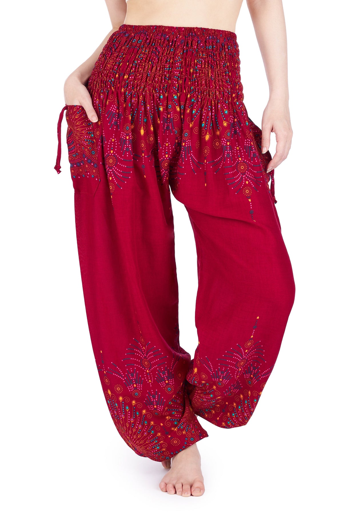 Handmade rayon boho yoga trousers in burgundy with two pockets