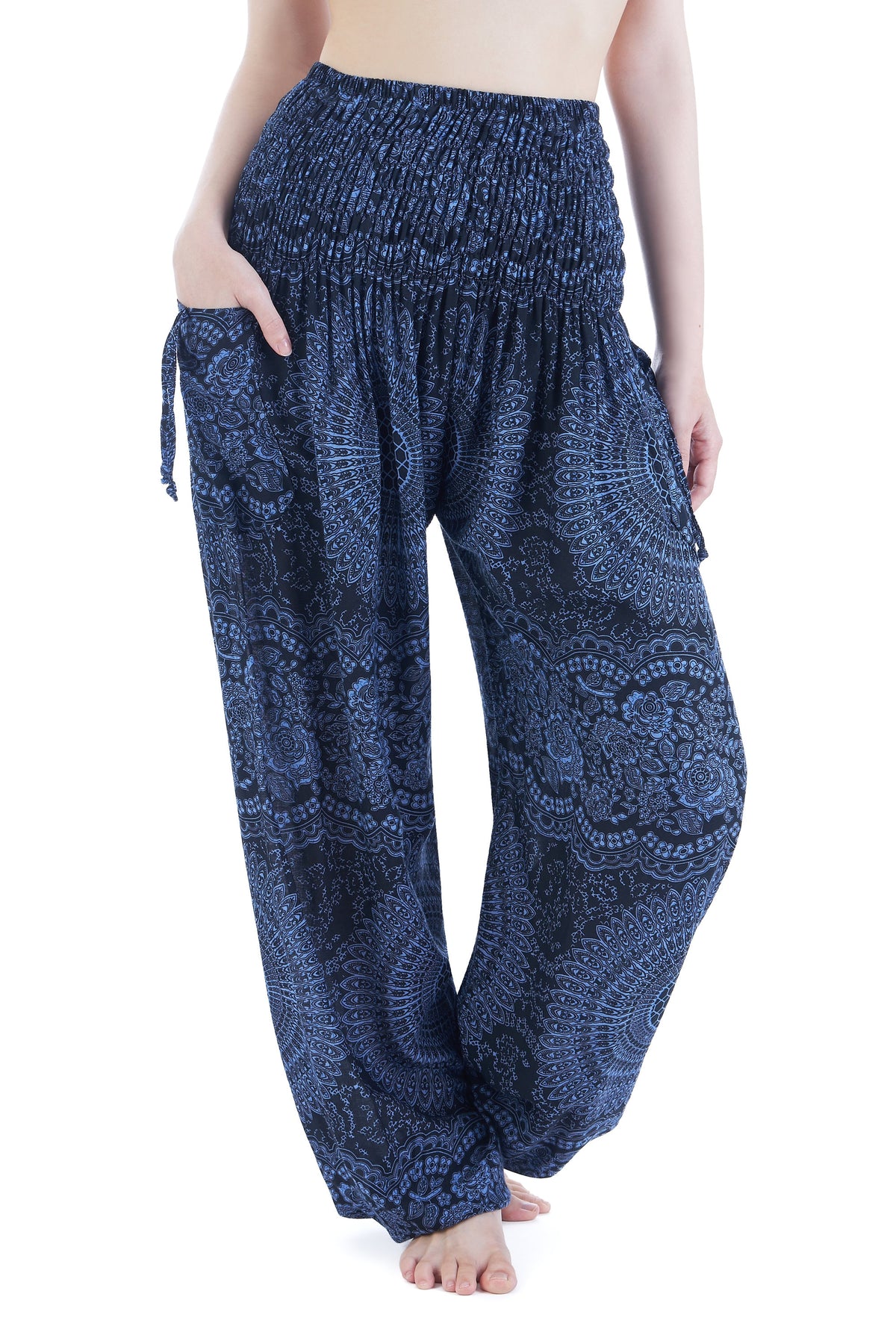 Flowy rayon yoga trousers in dark blue with wide legs