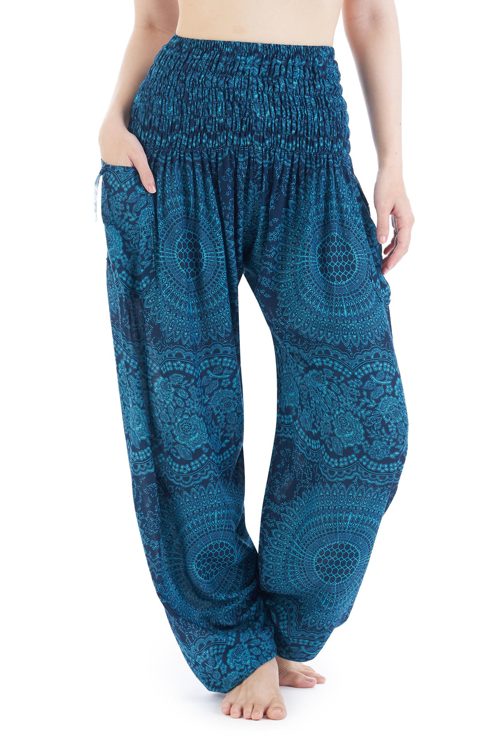 Soft rayon harem trousers with rose print and pockets