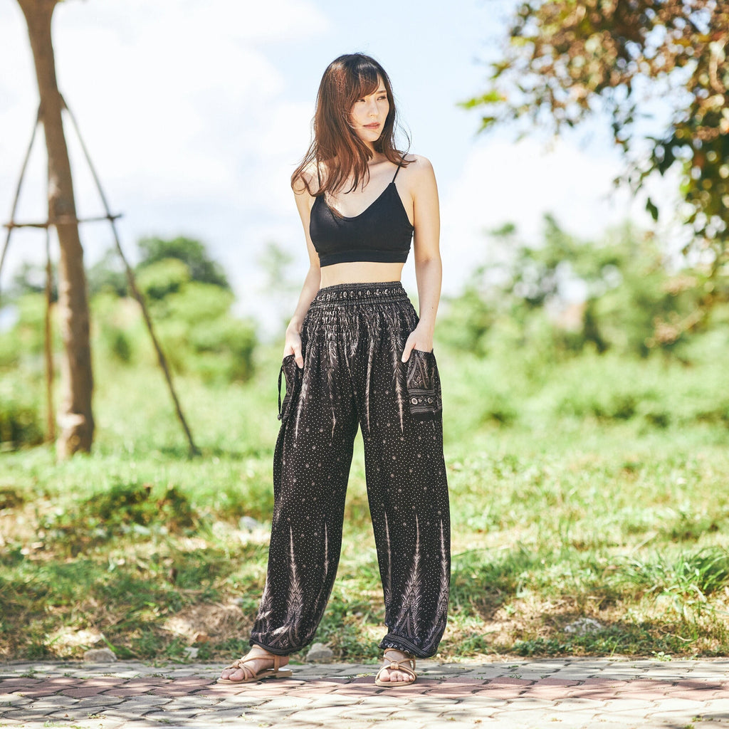 Black rayon boho harem pants for women with flowy wide legs