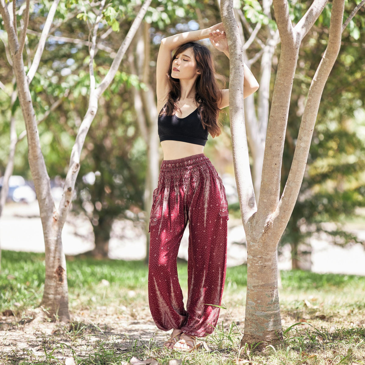 Adjustable waist boho harem pants in black rayon