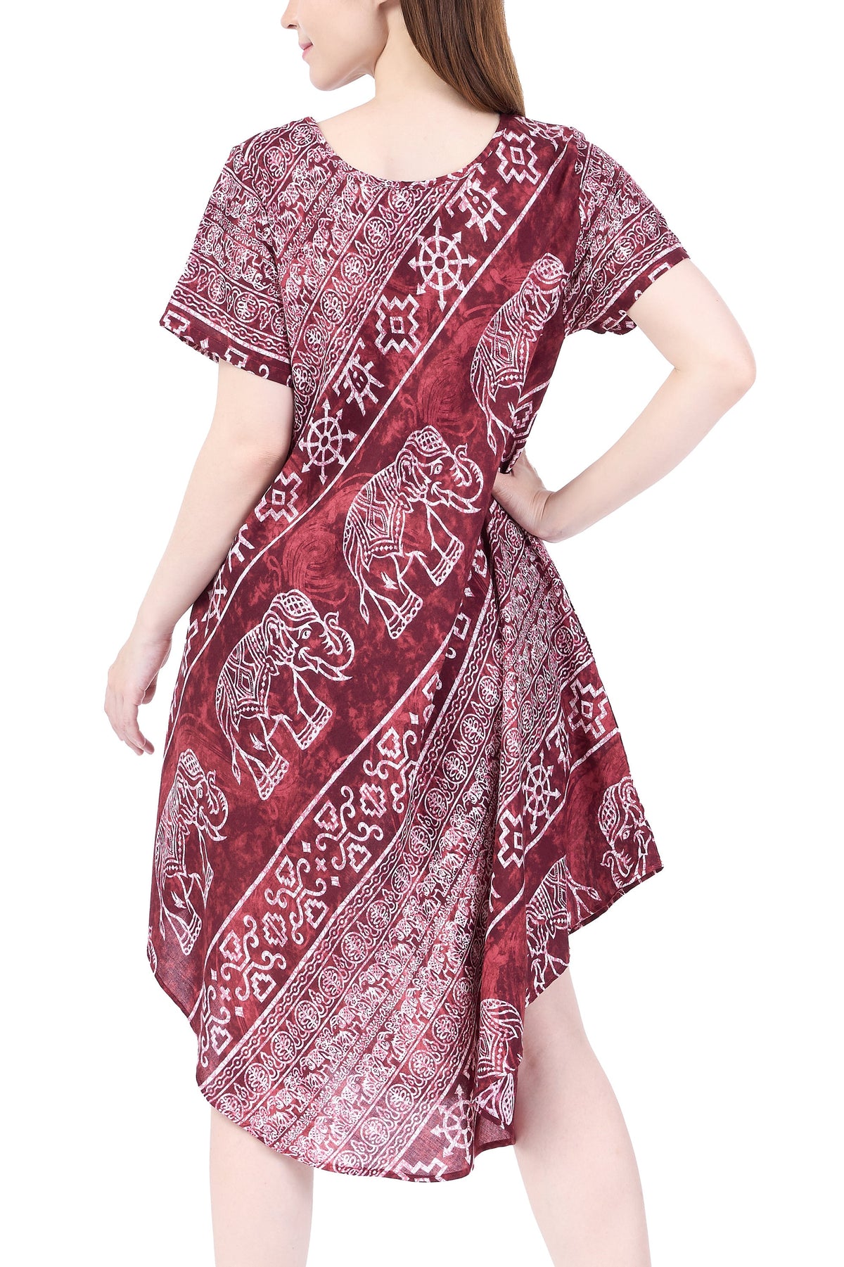 Knee-length burgundy elephant dress with pockets for women