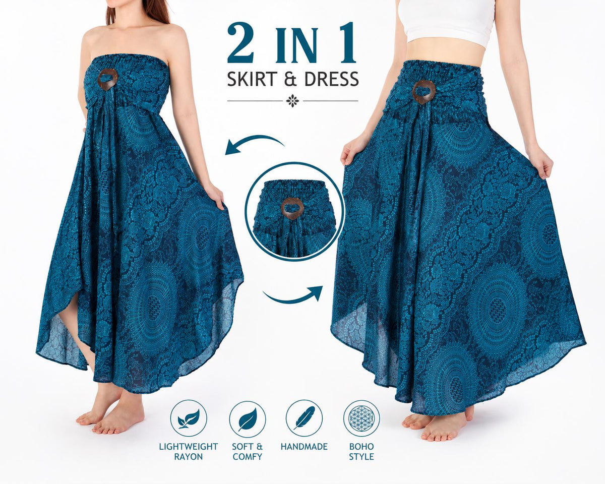 Handmade Rayon Hippie Maxi Skirt with asymmetric hem and coconut belt