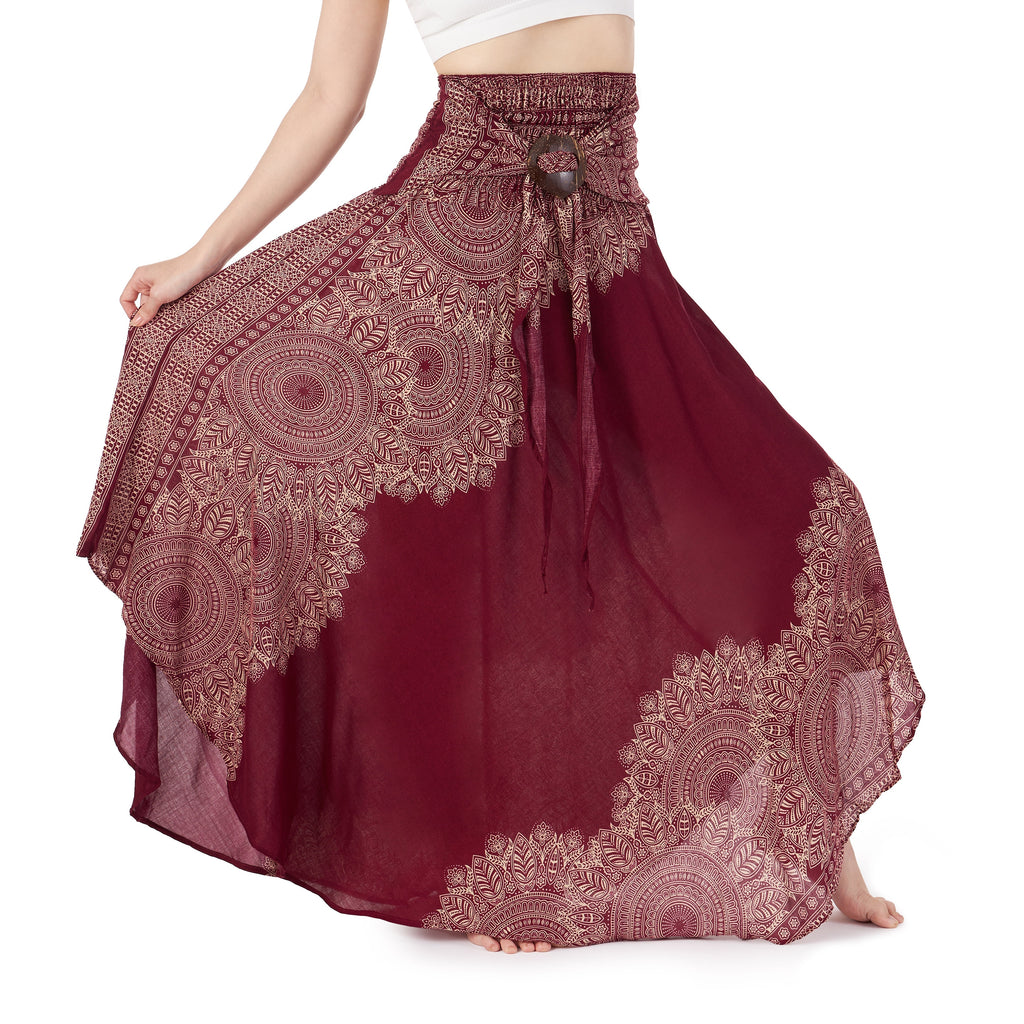 Boho maxi skirt and long dress 2-in-1 in burgundy with asymmetric hem
