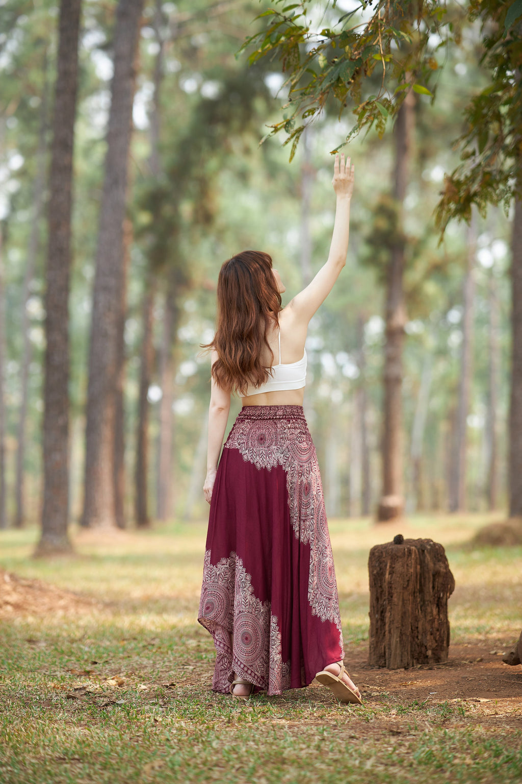 Bohemian high waisted maxi skirt with elastic smocked waist