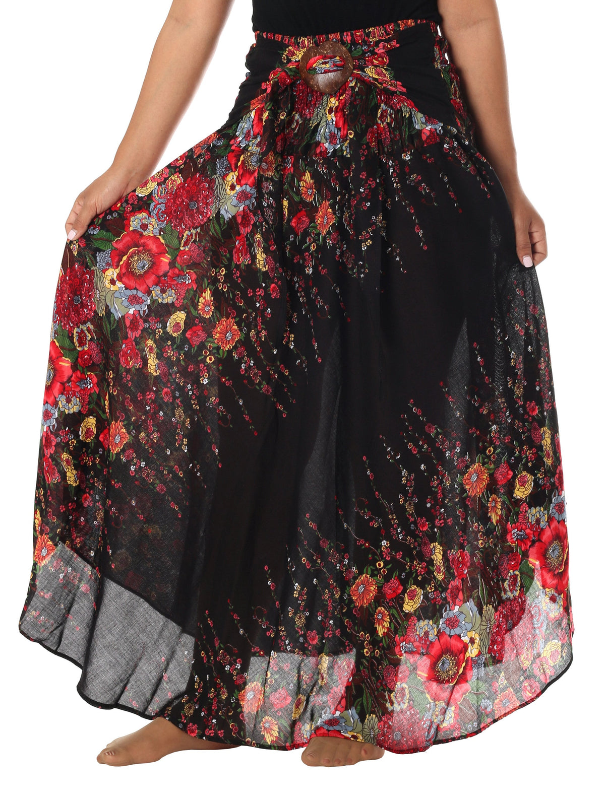 Boho maxi skirt for women in floral Thai black print with high waist and coconut belt