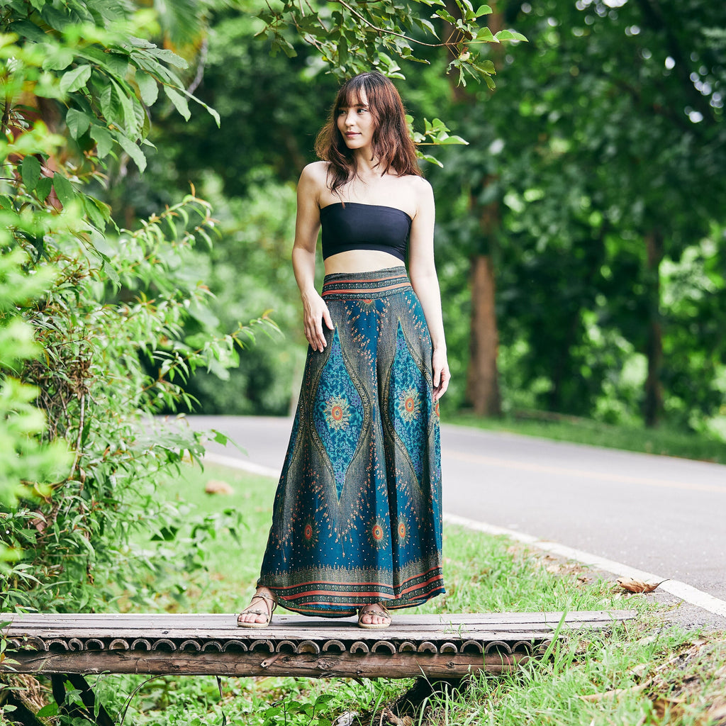 Teal boho palazzo pants for women, petite to plus size, wide leg flowy design