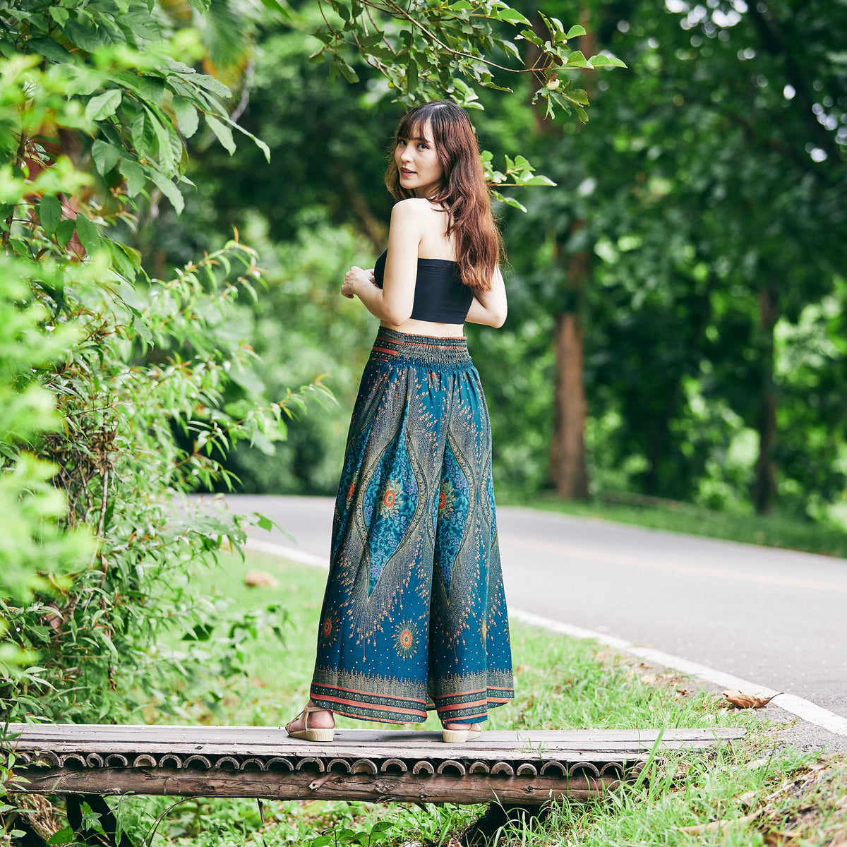 Front view of teal rayon palazzo pants, bohemian style, high waist, wide leg