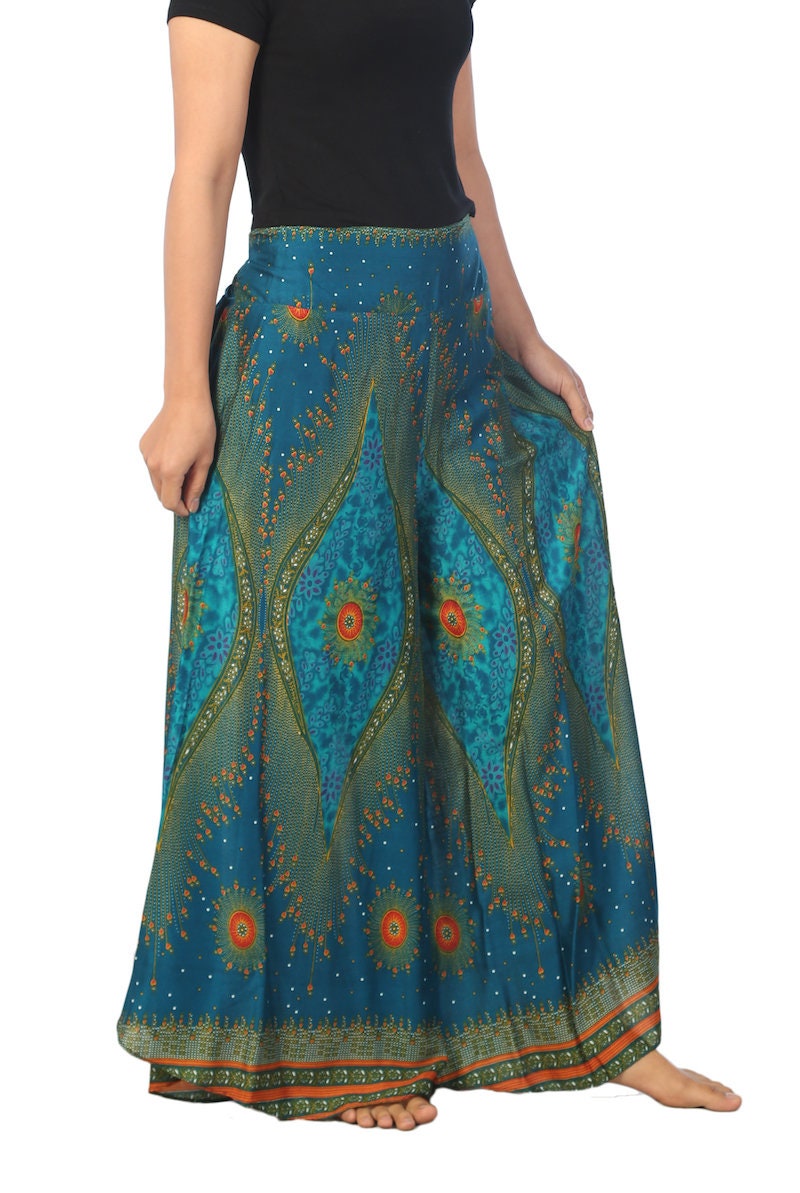 Back view of teal palazzo pants, handmade bohemian clothing for women