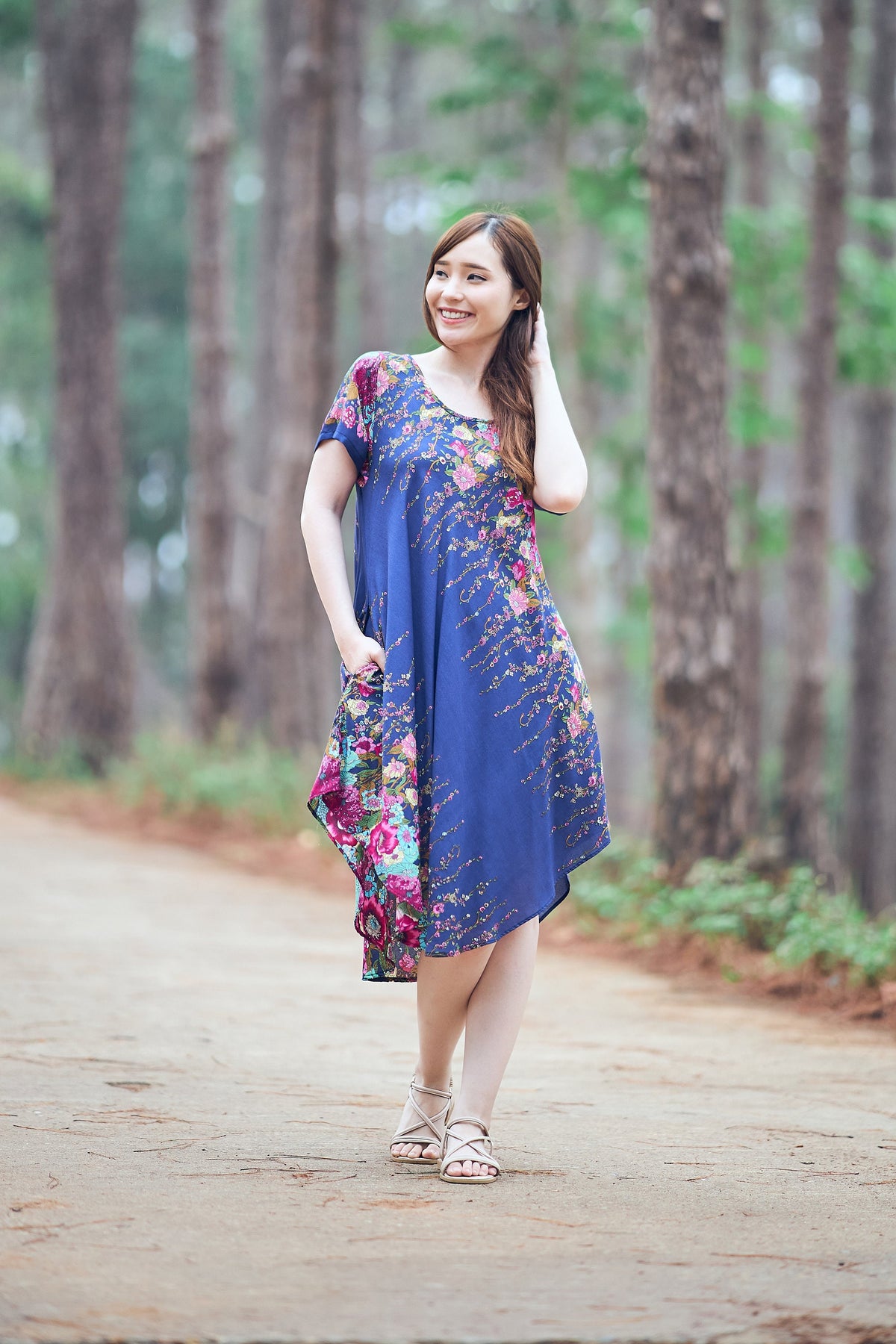 Black flower print boho rayon dress with short sleeves and two side pockets