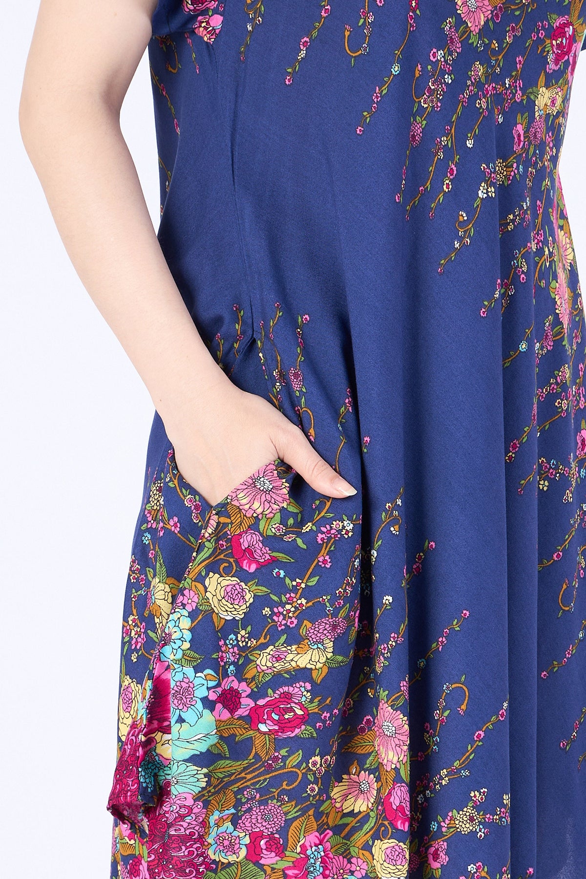 Black floral rayon dress for festivals and beach outings, short sleeves