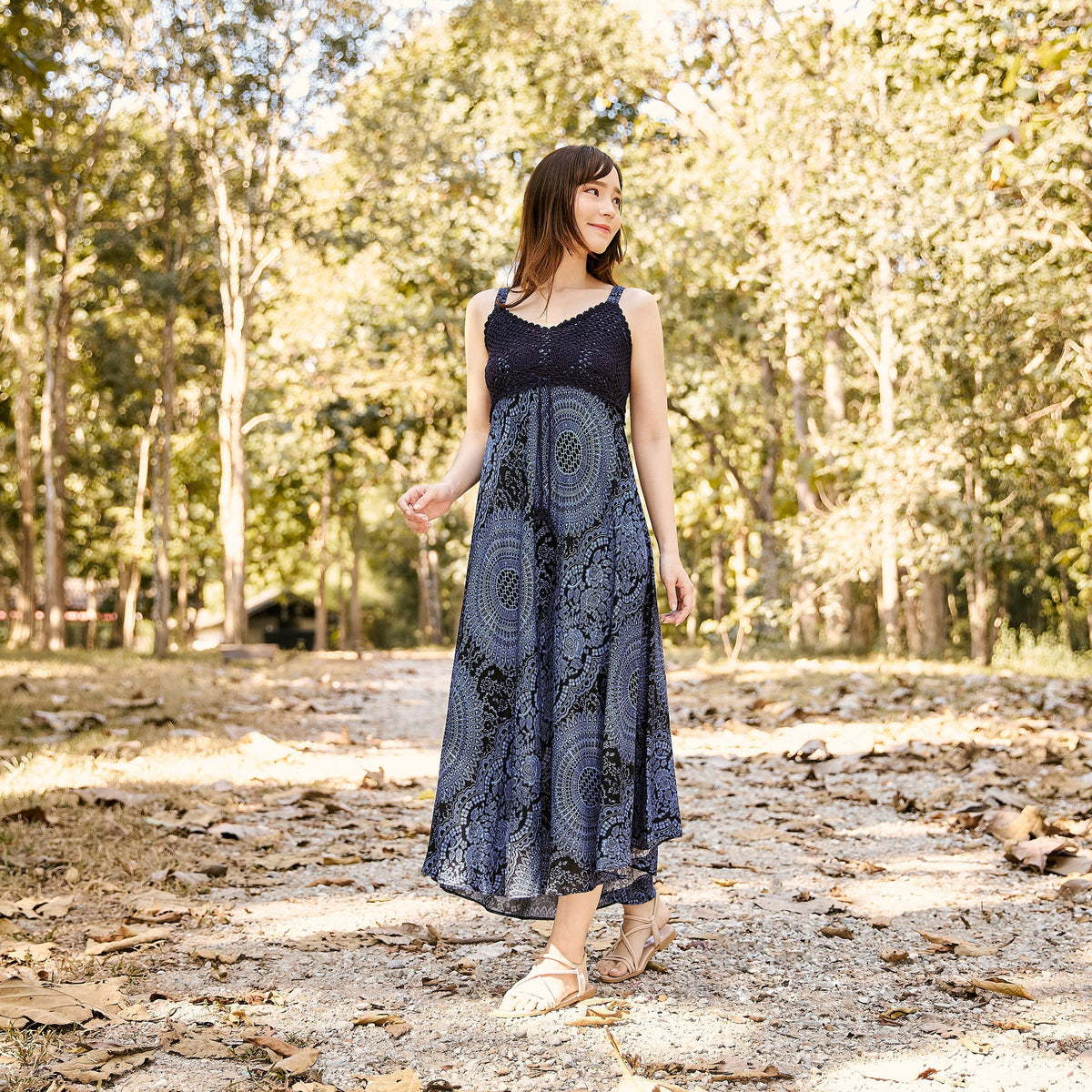 Dark blue boho rayon sundress with crochet top and adjustable straps