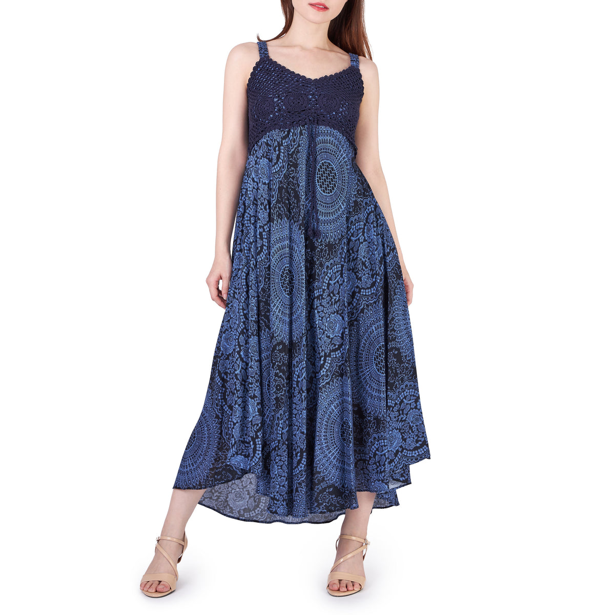 Flowy handmade summer dress in printed dark blue rayon for women