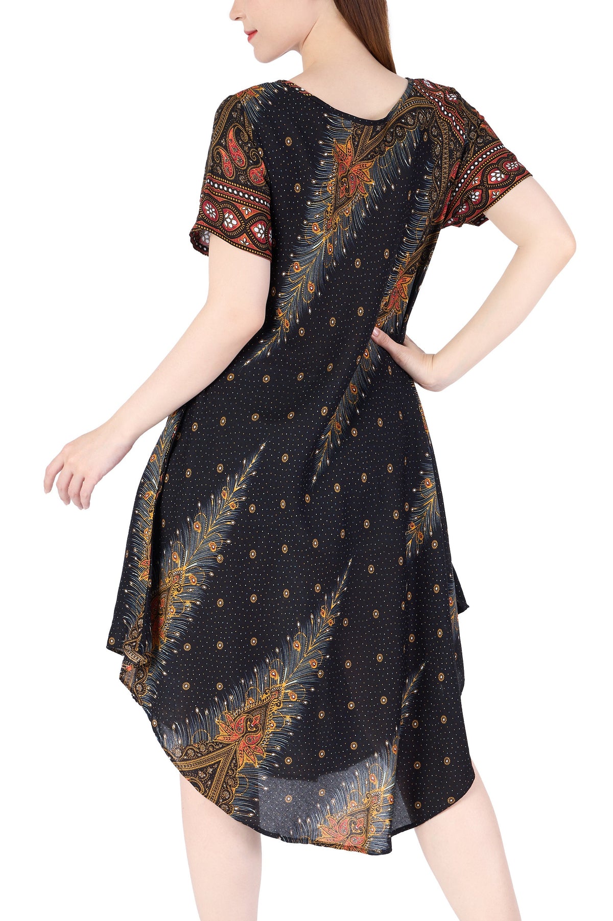 Handmade green printed rayon dress with pockets, sizes S/M to XXL