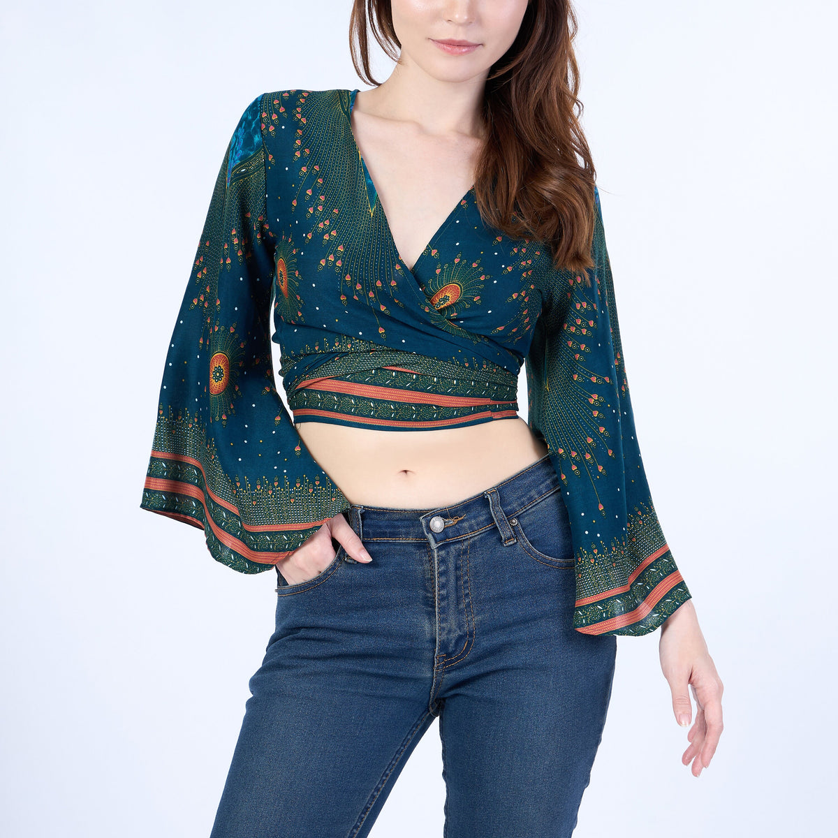 Bohemian teal wrap top for summer and hot weather