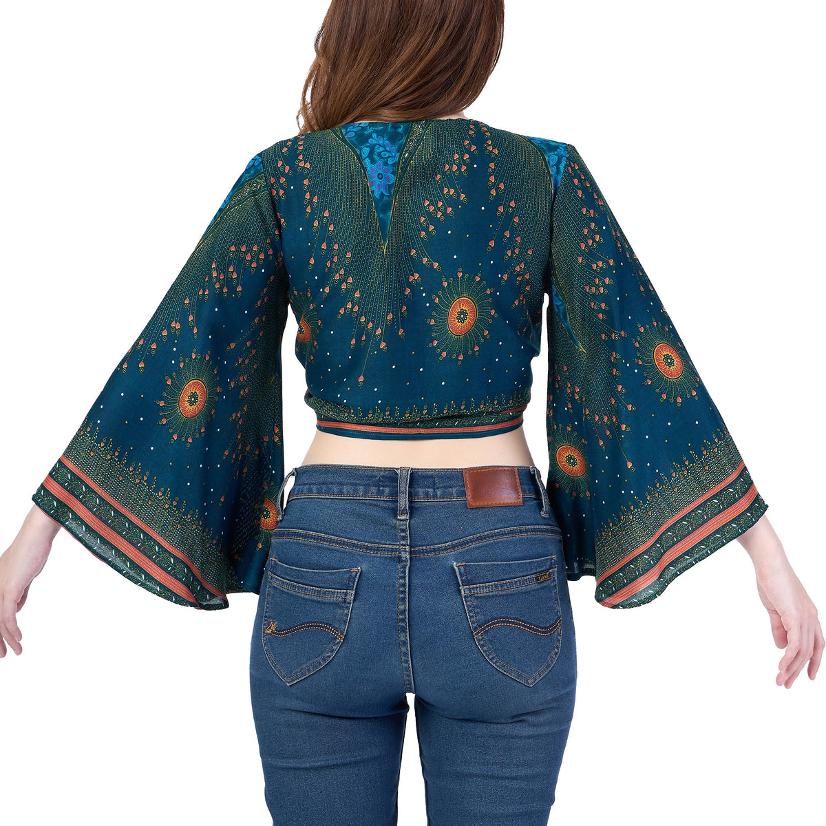 Boho chic wrap blouse with bell sleeves for women