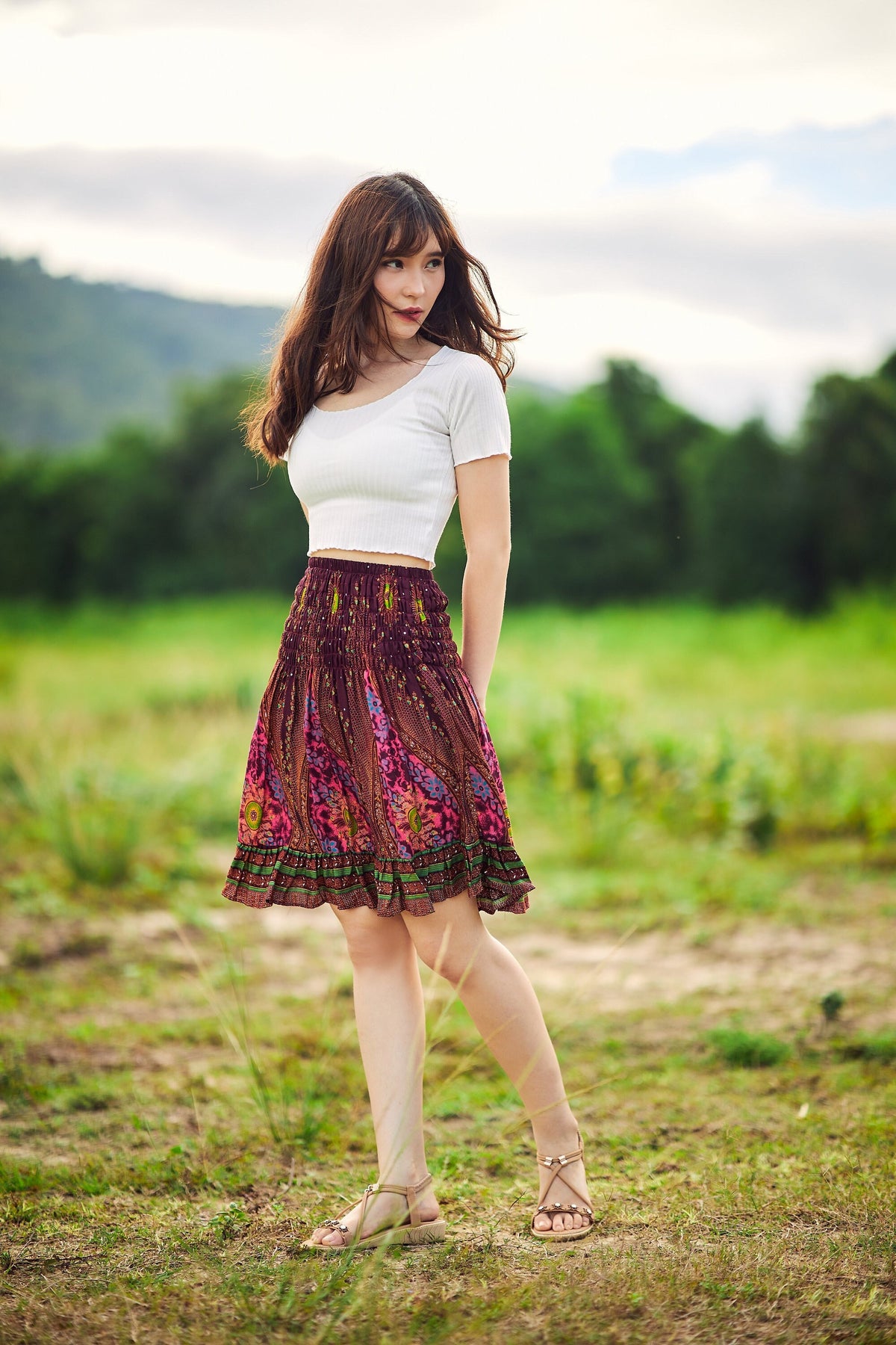 Red psychedelic boho mini skirt for women with above knee length