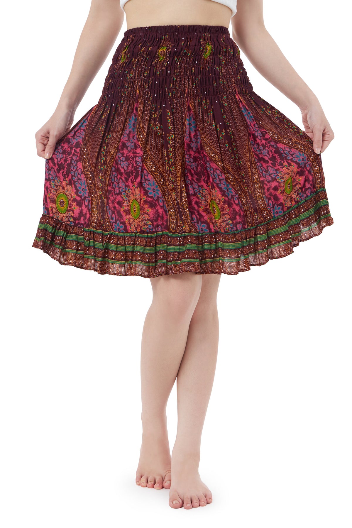 Burgundy flower print hippie skirt with elastic smocked waist