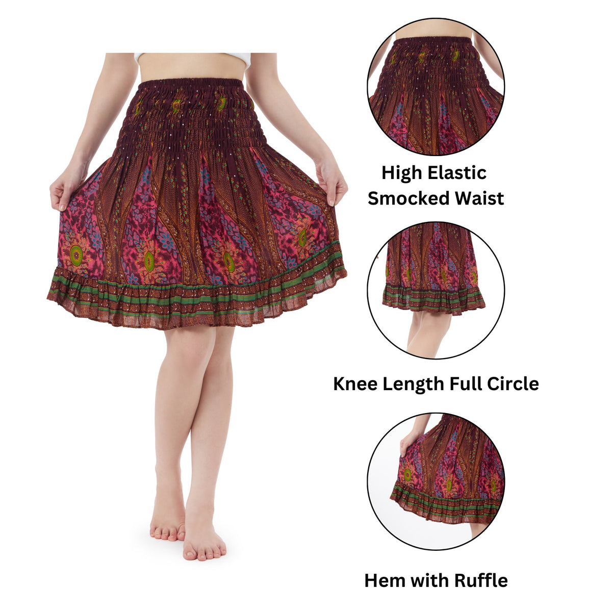 Handmade red boho skirt with colorful burgundy print