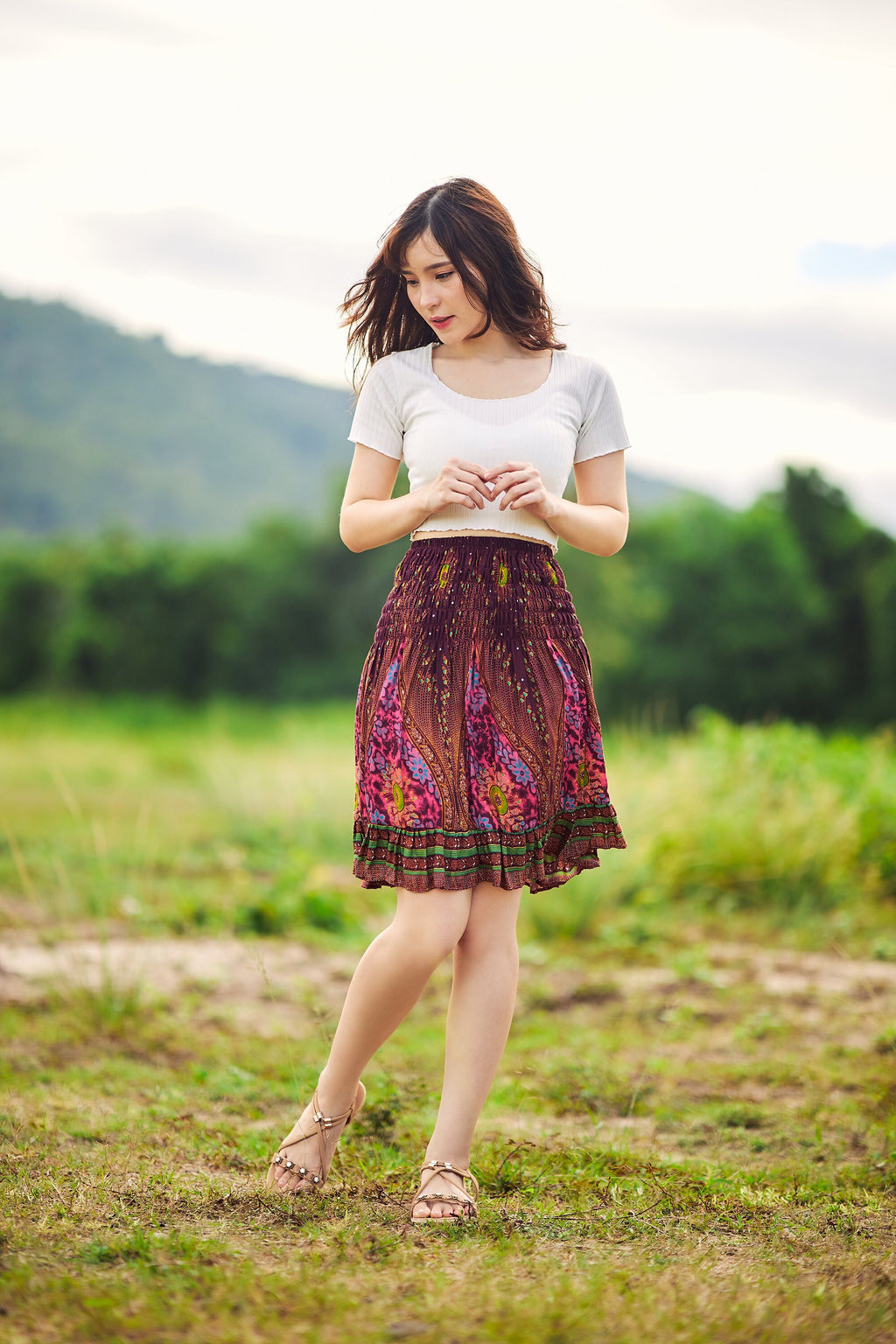 Pull-on bohemian mini skirt in sizes XS-XXL