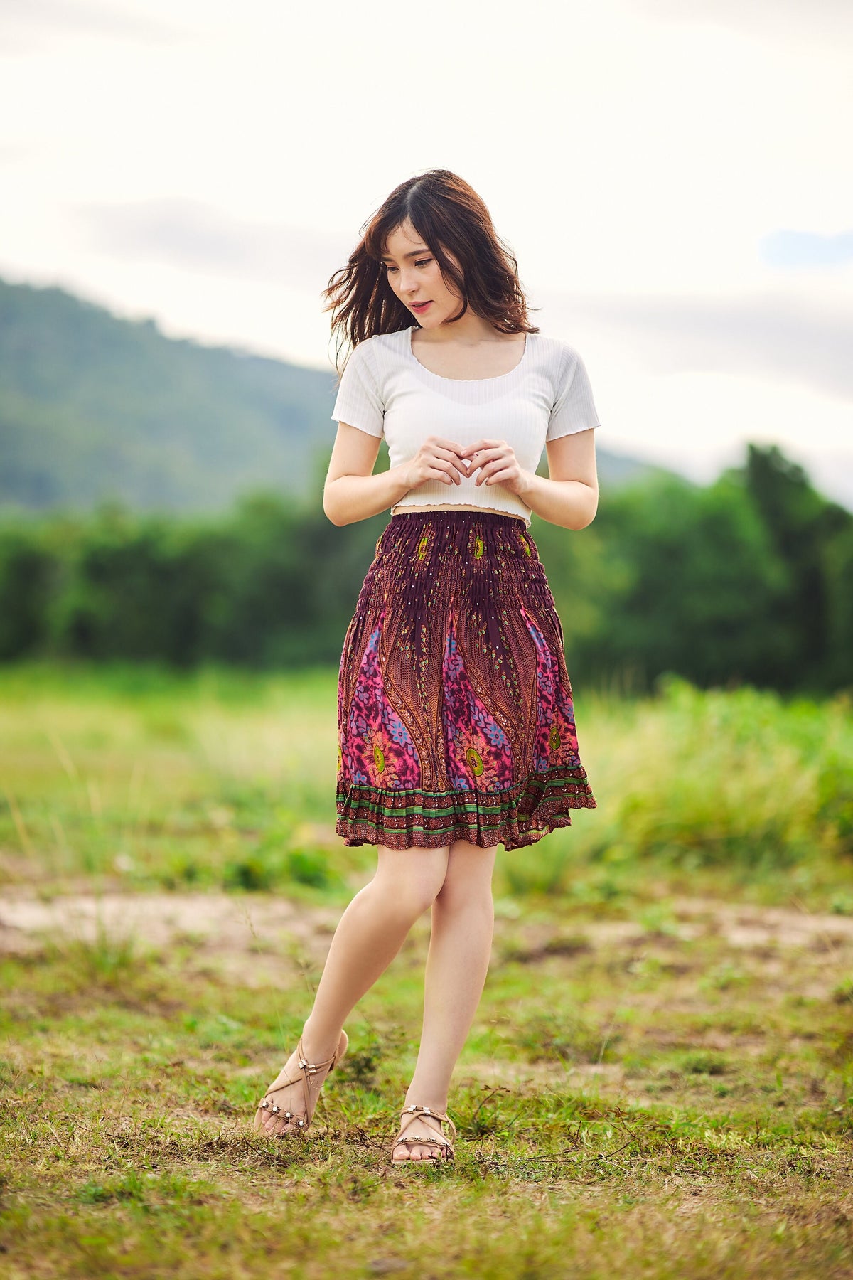 Pull-on bohemian mini skirt in sizes XS-XXL