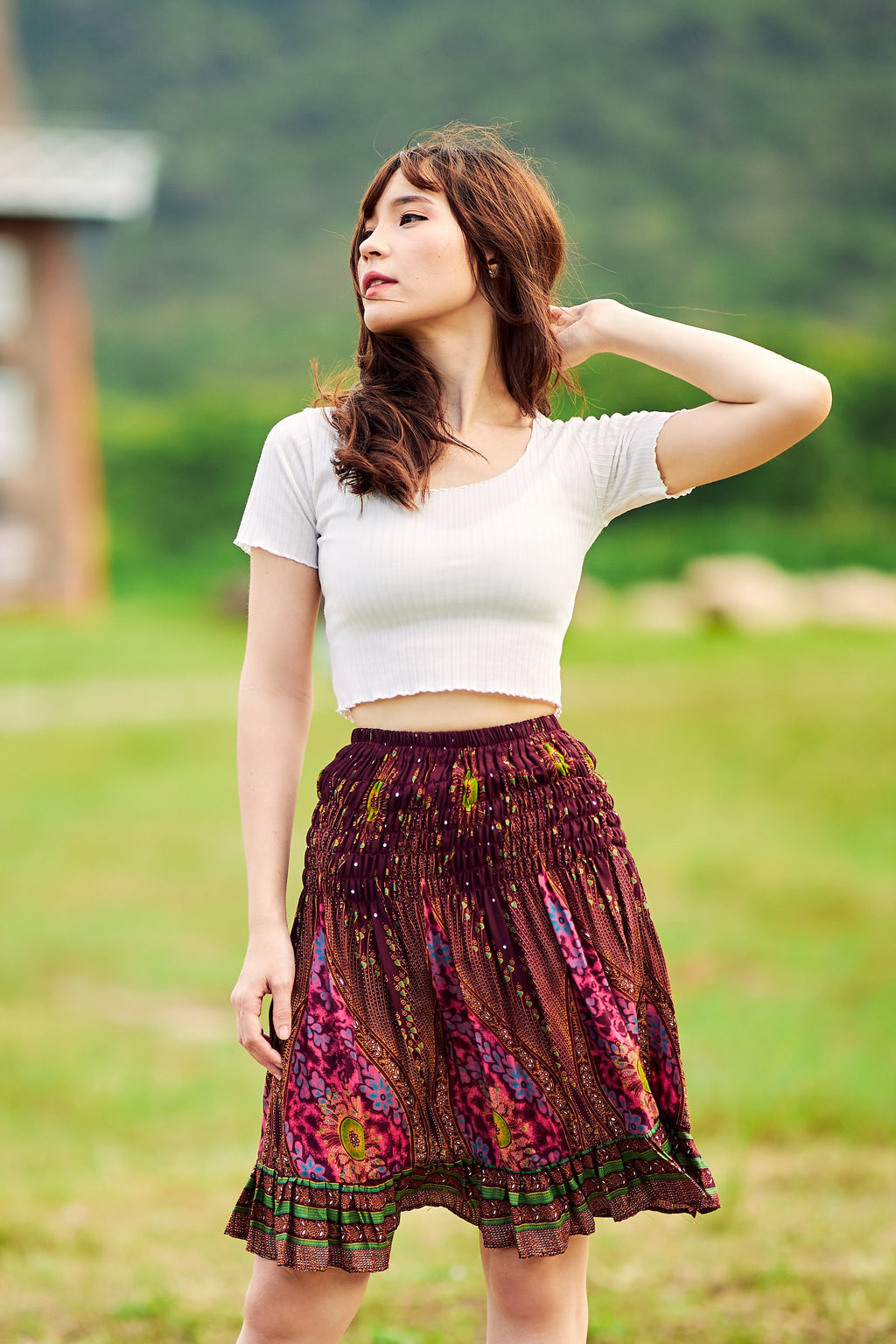 Lightweight rayon skater skirt with floral eye print