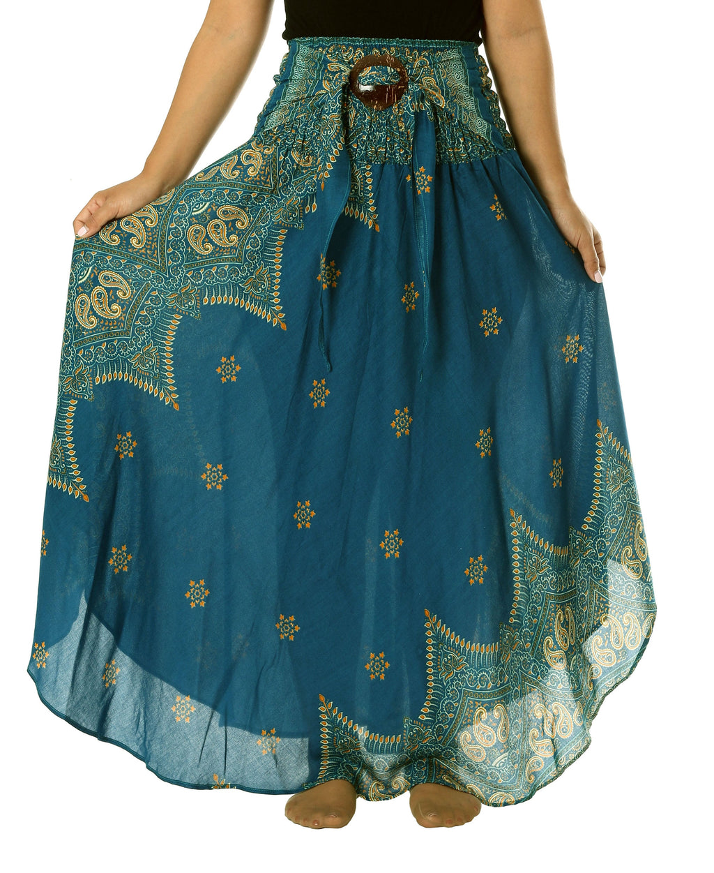 Teal boho maxi skirt plus size handmade rayon with smocked waist and coconut belt
