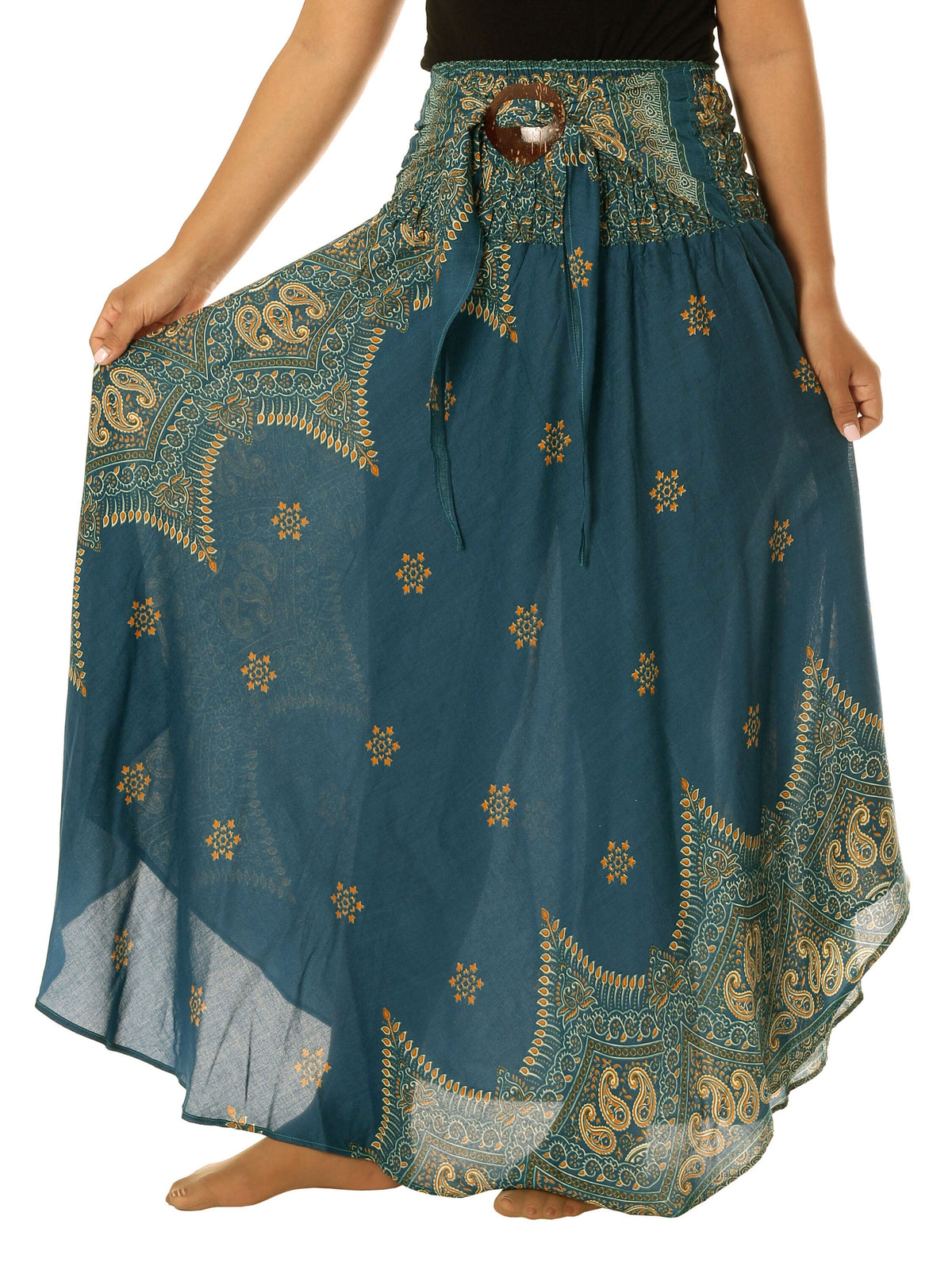 Bohemian gypsy skirt teal peacock flower print lightweight for festivals