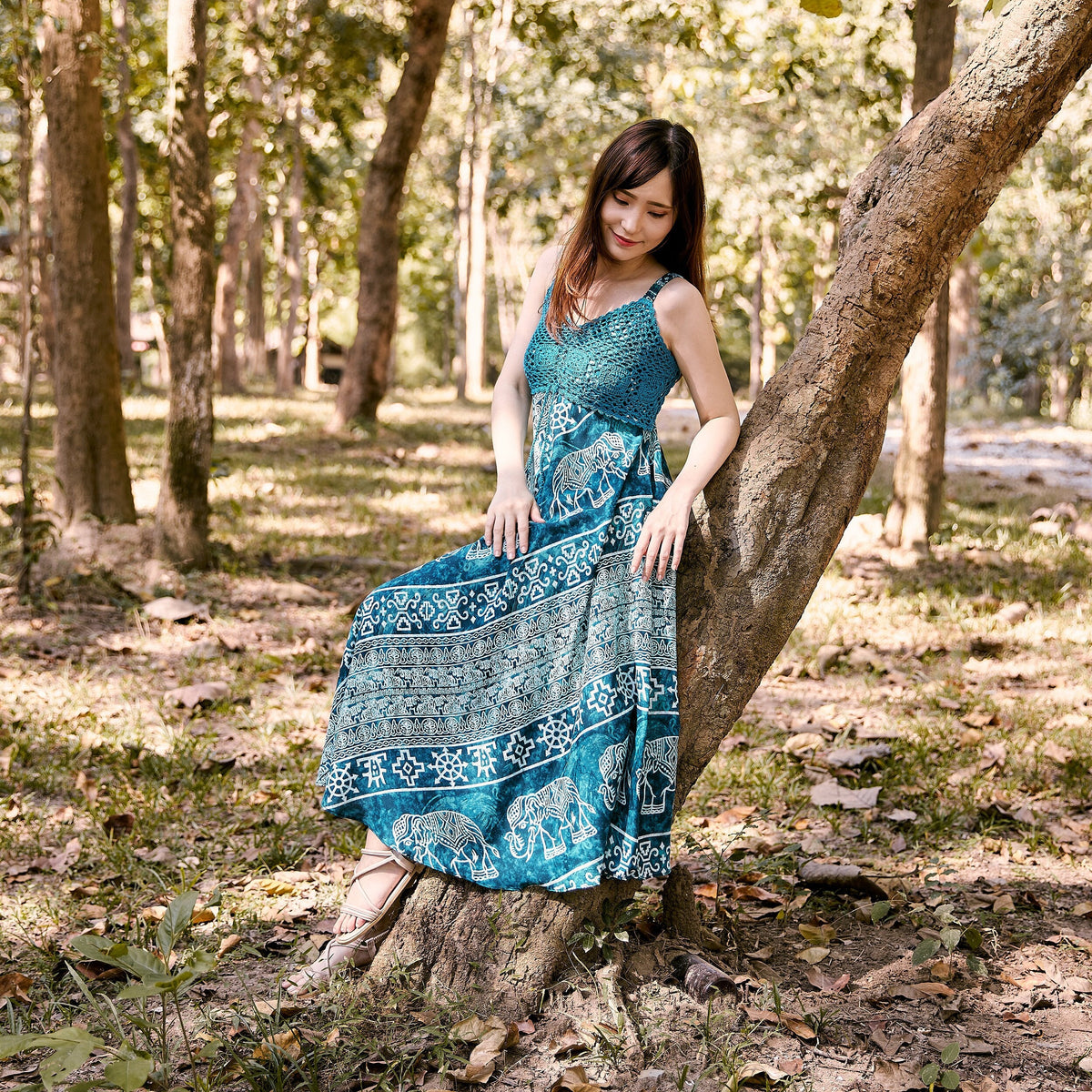 Boho summer dress for mother of the bride with crochet top and adjustable straps