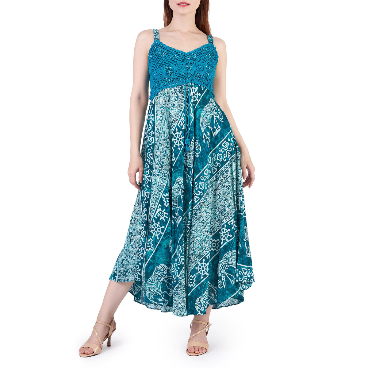 Teal rayon sundress with crochet top, perfect boho beach dress for women