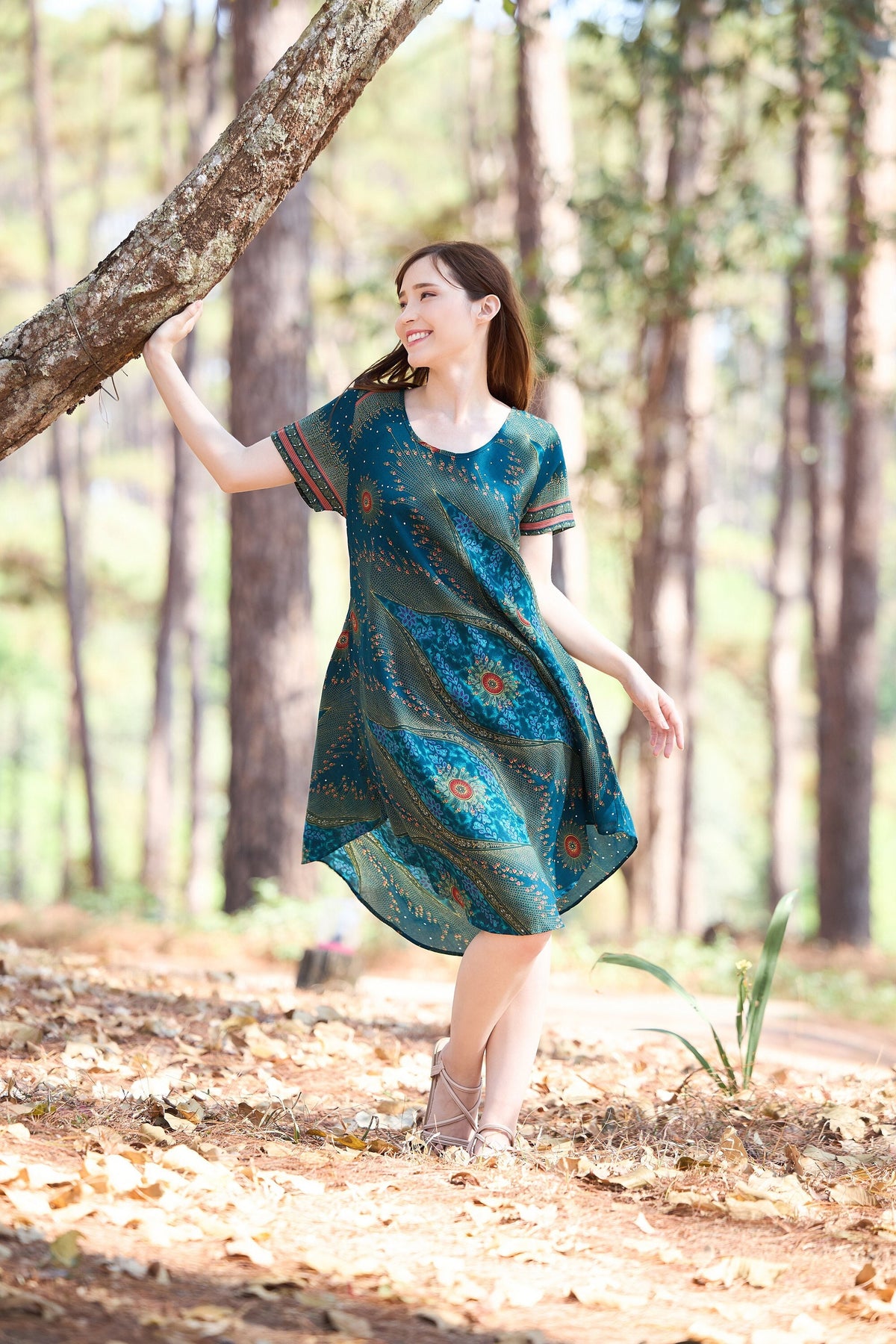 Teal boho sundress knee length rayon dress with pockets and short sleeves