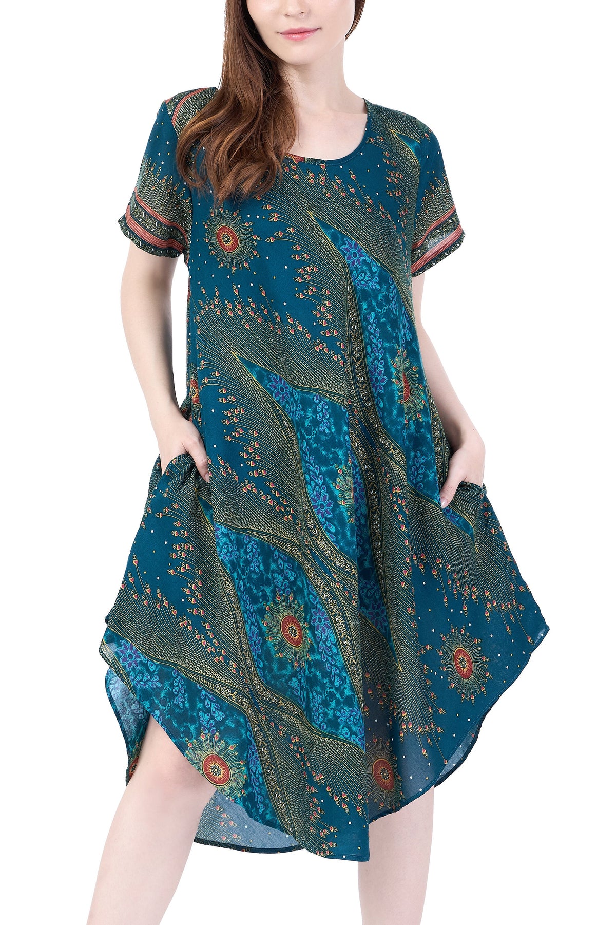 Bohemian summer dress in printed teal soft rayon for women